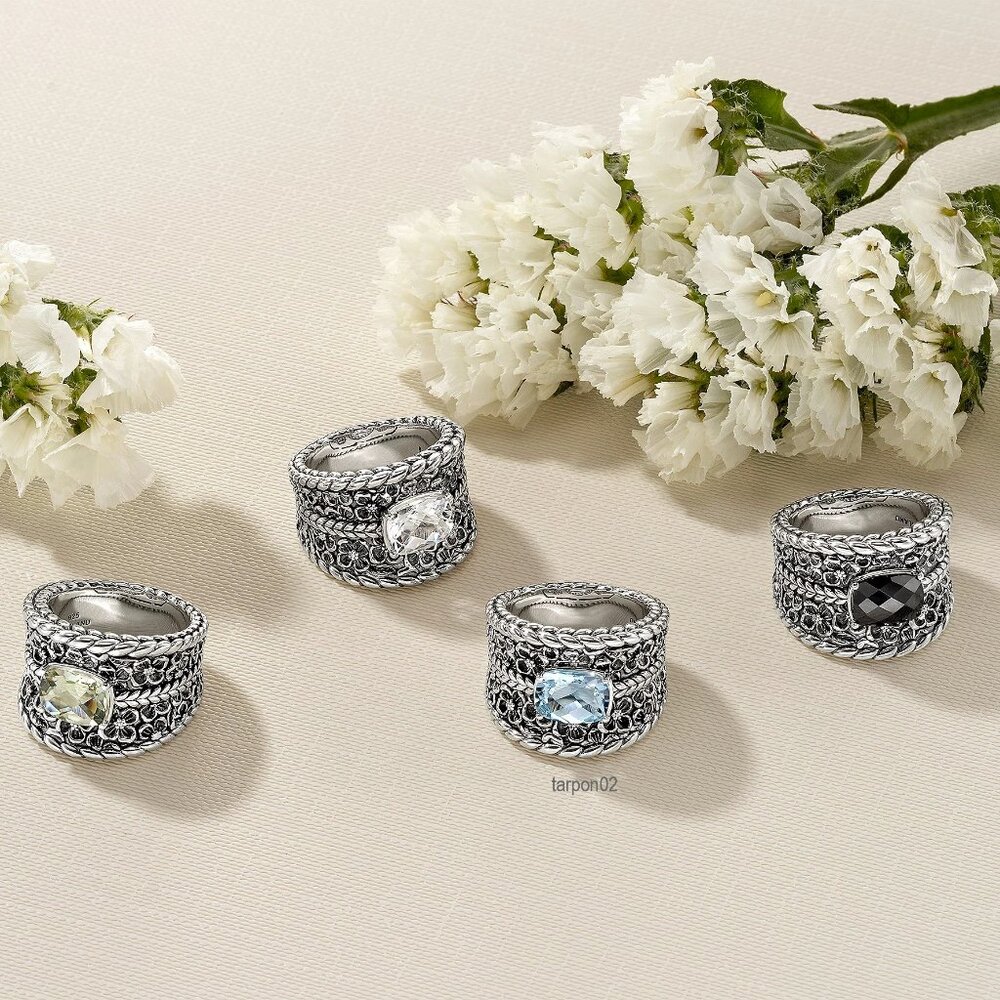 John Hardy JAI Blue Topaz+Floral Textured Saddle Band Sterling Silver Ring-7 NIB - Picture 14 of 15